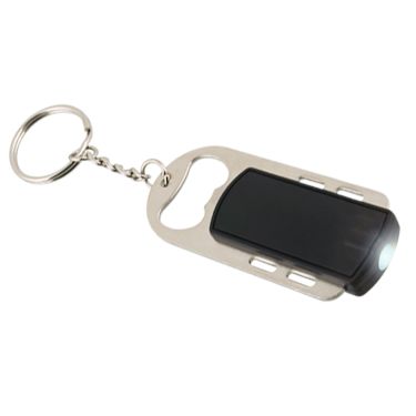Plastic black LED light keychain metal bottle opener blank.
