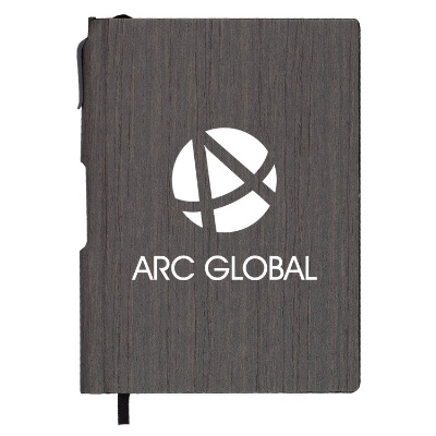 Gray wood design notebook with matching pen and logo.