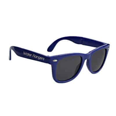 Polycarbonate royal blue folding tahiti sunglasses with personalized logo.