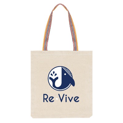 Recycled cotton tote with rainbow webbing handles and custom full-color logo.