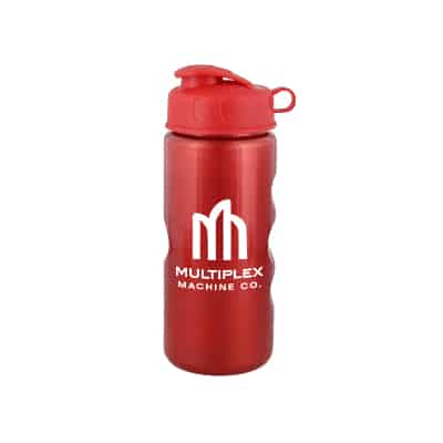 Plastic metallic red water bottle with flip top lid and custom branding in 22 ounces.