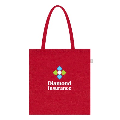 Red recycled cotton canvas tote bag with custom full-color logo.