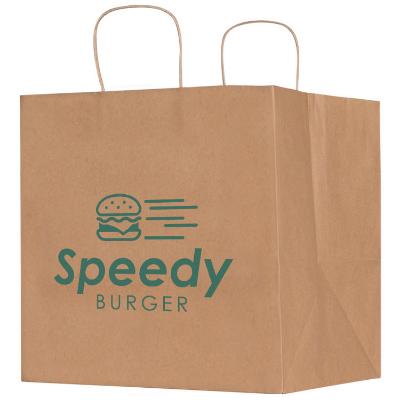 Natural Kraft paper 12 inch wide takeout bag with logo.