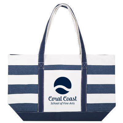 Cotton canvas navy nautical stripe tote with imprint.