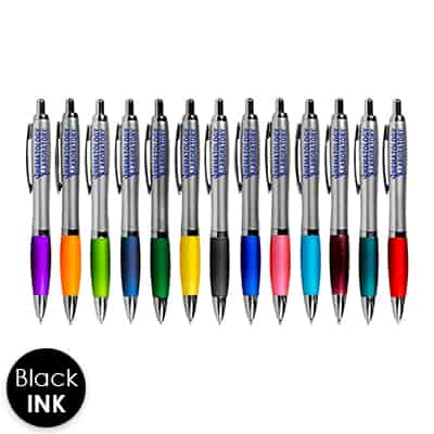 Silver gel pens with colorful grip with custom logo.