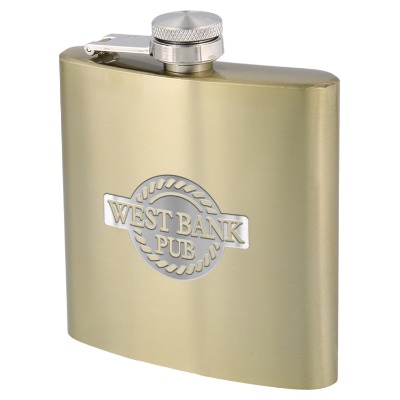 Gold flask with custom engraved imprint in 6 ounces.