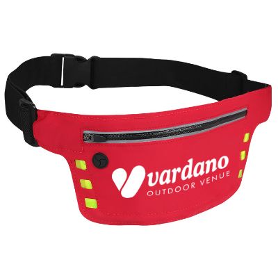 Red printable safety light fanny pack with earbud slot for promotions.
