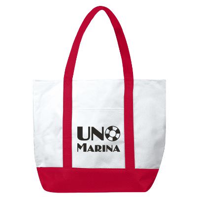 Polyester black shopper tote with branded imprint.