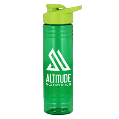Plastic green water bottle with drink thru lid and imprint in 24 ounces.
