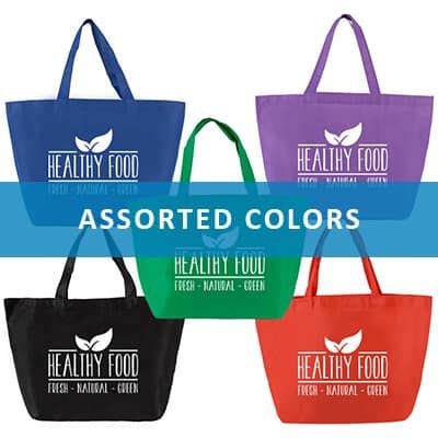 Polypropylene assorted color tote bags with custom design.