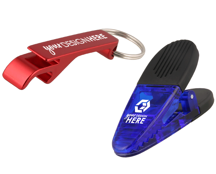 Red bottle opener with white logo and blue chip clip with white logo