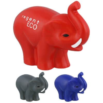 Foam red elephant with tusks stress ball with imprinted logo.