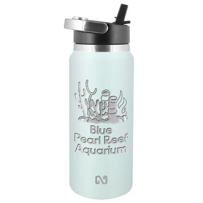 Stainless seafoam blue sports bottle with custom engraved imprint in 26 oz.