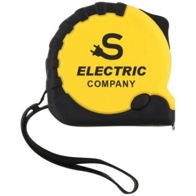 Metal and plastic yellow with black 25 foot locking tape measure with logoed imprint.