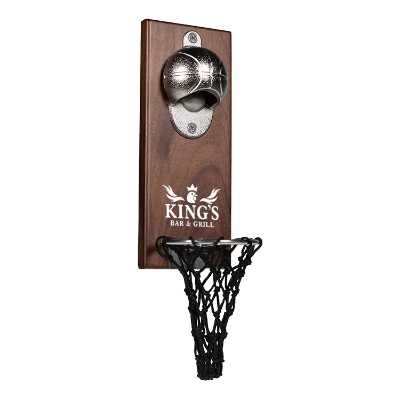 Walnut wood wall mounted basketball bottle opener with custom promotional imprint.