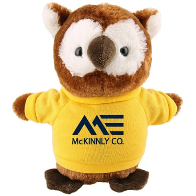 Plush and cotton owl with athletic gold shirt with branded imprint.