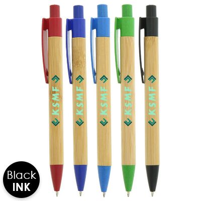 Bamboo pen with colored accents and personalized logo.