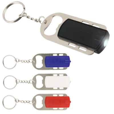 Plastic black LED light keychain metal bottle opener blank.