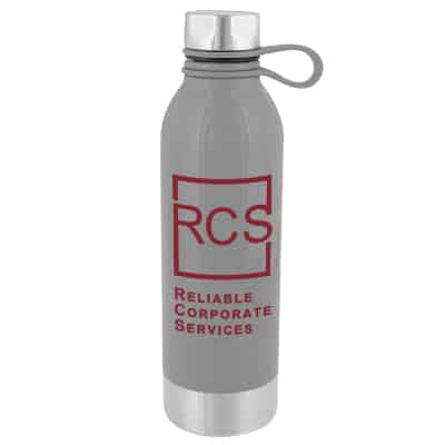 Stainless steel gray water bottle with custom brand in 25 ounces.