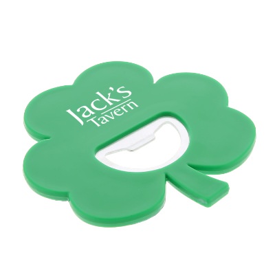 Plastic green shamrock bottle opener coaster with promotional personalized logo.