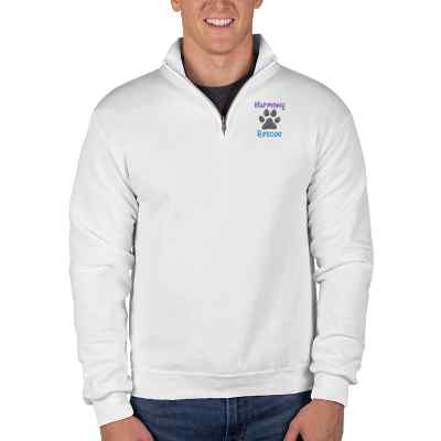 Custom white quarter-zip sweatshirt with embroidered logo.