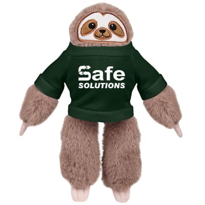 Plush and cotton sloth with forest green shirt with custom imprint.