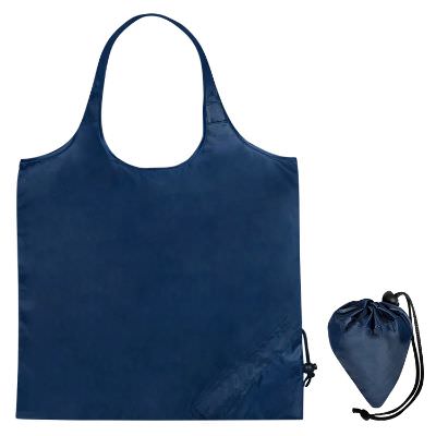 Polyester navy blue turn and fold tote blank.