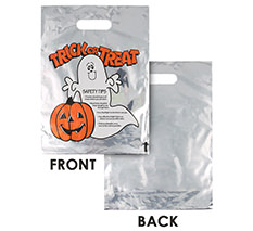 Plastic silver reflective ghost trick or treat recyclable bag blank.