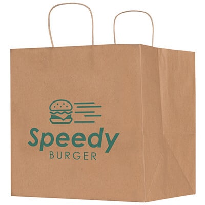 Natural Kraft paper 12 inch wide takeout bag with logo.