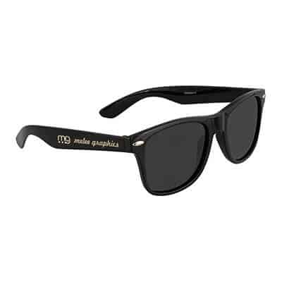 Polycarbonate black polarized maui sunglasses with imprinting.