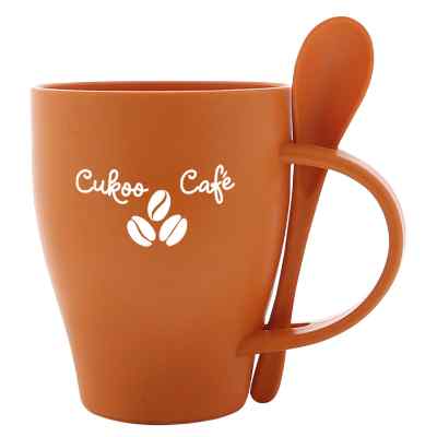 Plastic orange mug with custom logo.
