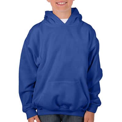 Blank royal blue youth hooded sweatshirt.