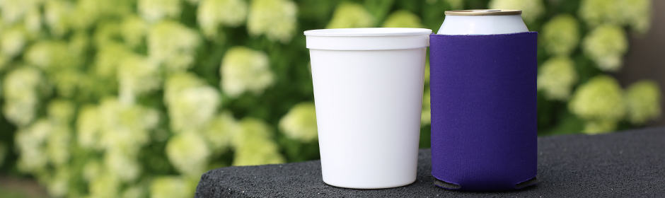 Blank drinkware white plastic stadium cup and purple can cooler