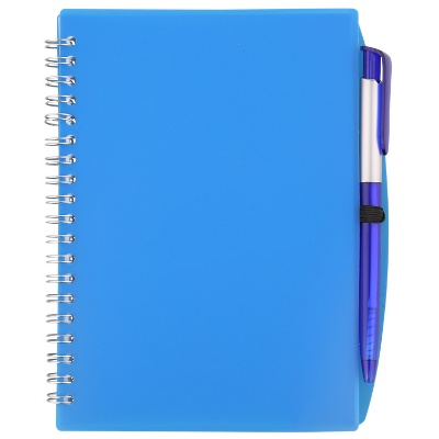 Translucent blue unlined notebook with pen.