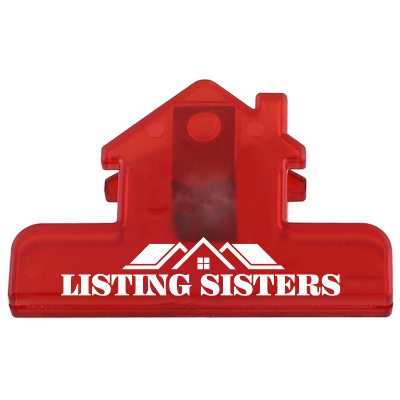 Translucent red plastic house clip with promotional logo.