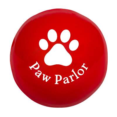 Red squeaky dog ball toy with custom promotional logo.