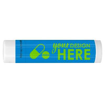 Pharmacy branded lip balm with a customized imprint.