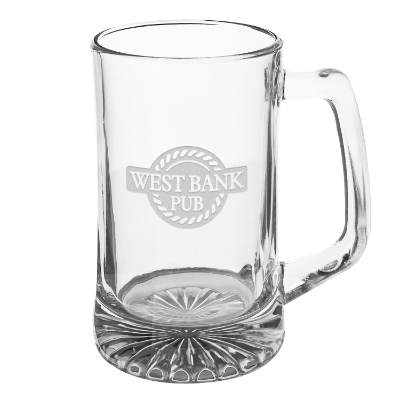 Clear beer mug with engraved logo.