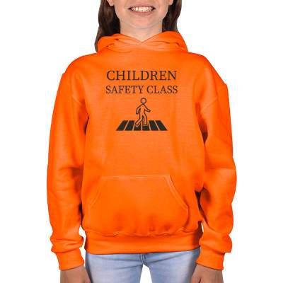 Safety orange youth hooded sweatshirt with custom logo.