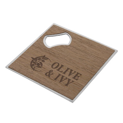 Wooden brown coaster and bottle opener with laser engraved personalized imprint.