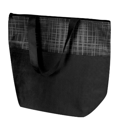 Blank black polypropylene crosshatch cooler bag.