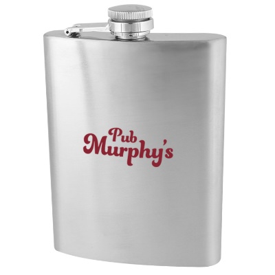 Stainless steel flask with custom imprint in 8 ounces.