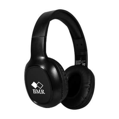 Black plastic headphones with a custom imprint.