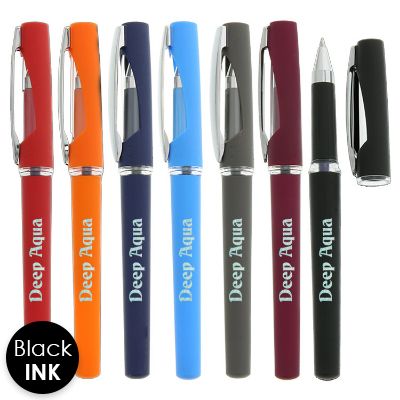 Plastic colored pen with chrome accents and custom logo.