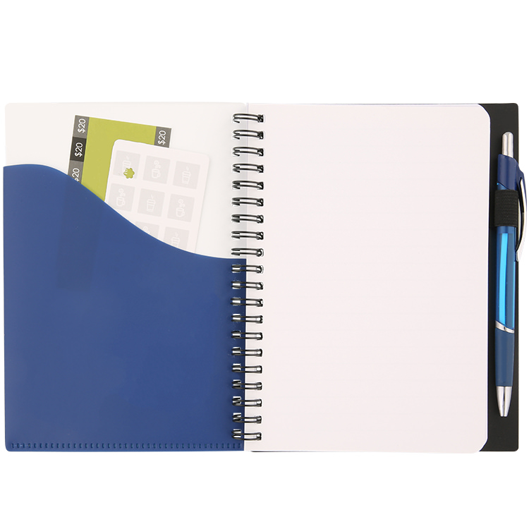 Notebook with front and inside pocket and pen.