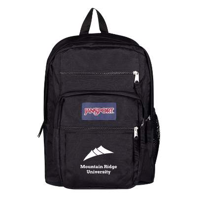 Recycled polyester black backpack with custom logo.