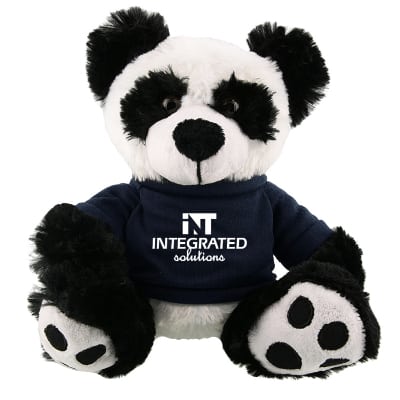 Plush and cotton panda with navy shirt with branded logo.