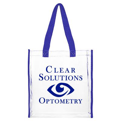 Plastic royal blue and crystal clear tote with personalized logo.