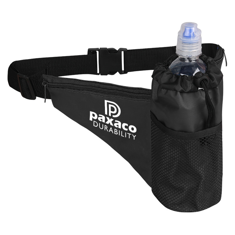 Black nylon fanny pack with insulated bottle holder for marketing.