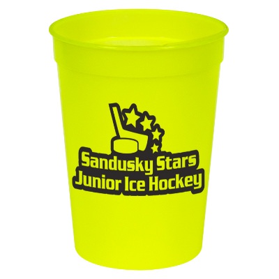 Plastic nite glow glow in the dark stadium cup with promotional printing in 12 ounces.